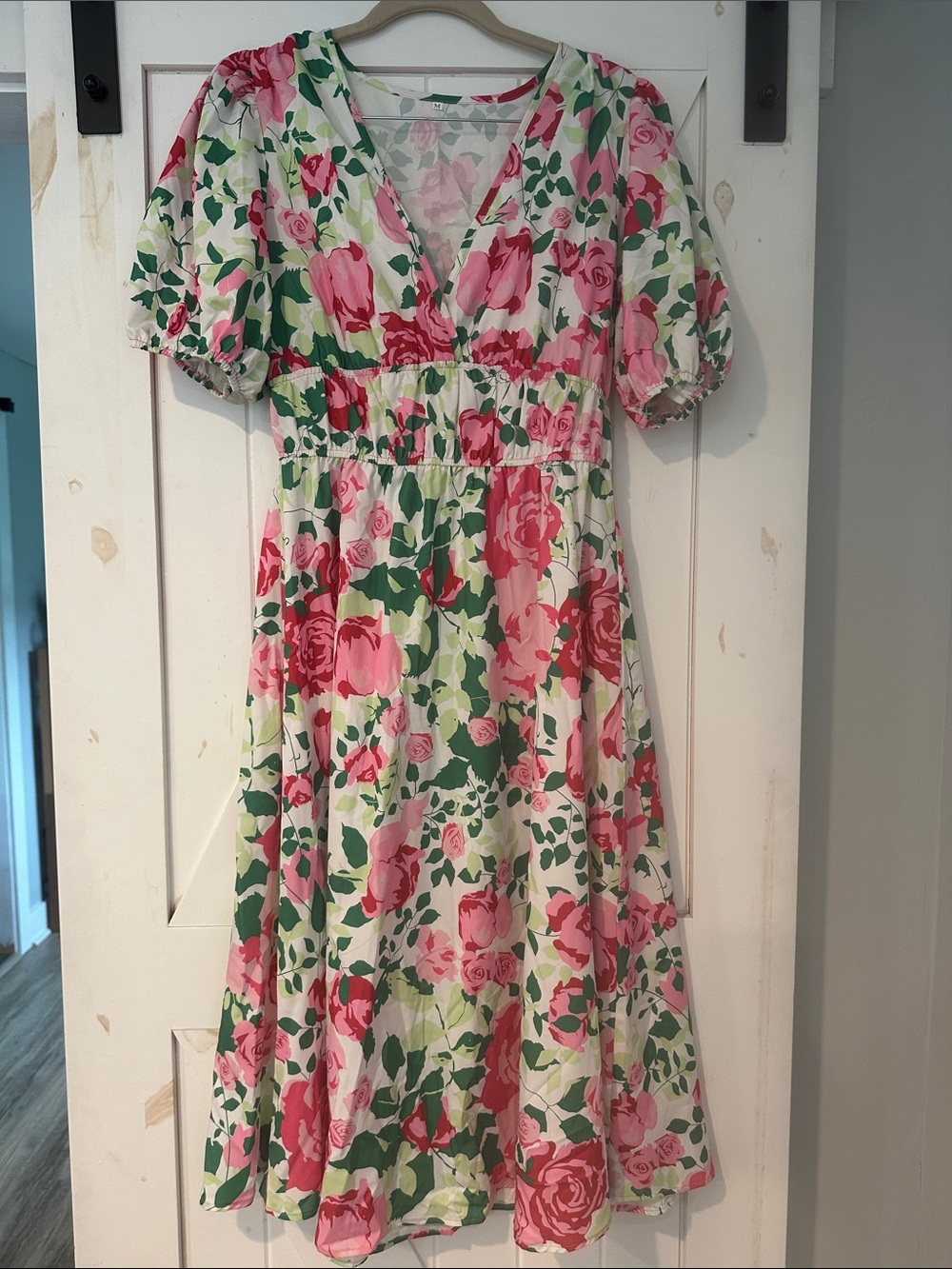 Floral V-Neck Midi Dress in Pink & Green